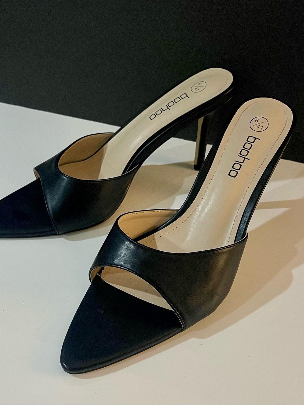 Boohsoo Black faux Leather Open-Toe Mule Heels 10.5